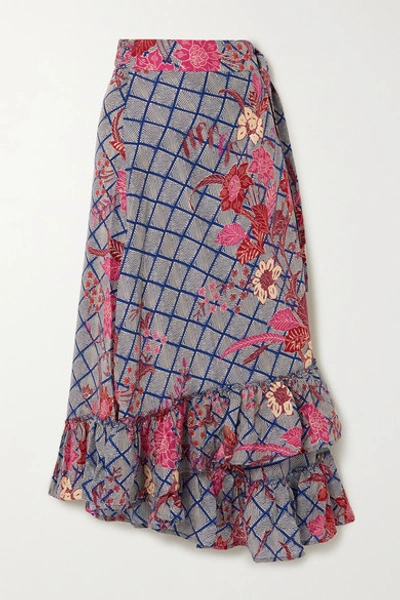Apiece Apart Feliz Ruffled Floral-print Silk-satin Wrap Midi Skirt In Blue