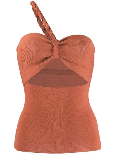 Nanushka Tallulah One-shoulder Twisted Cutout Ribbed-knit Top In Brown