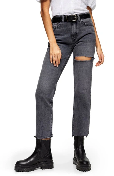 Topshop Ny Thigh Rip Raw Hem Straight Leg Jeans In Smoke Grey