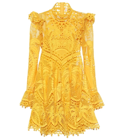 Zimmermann Brightside Palm-crochet Silk Mini Dress In Yellow