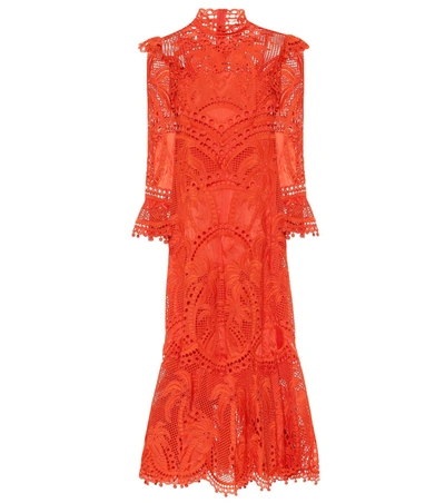 Zimmermann Brightside Ruffled Broderie Anglaise Silk-organza And Crochet Maxi Dress In Tomato Red