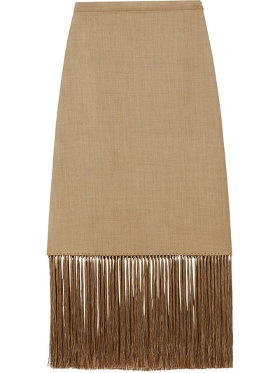 Burberry Fringed Wool-blend Pencil Skirt In Neutrals