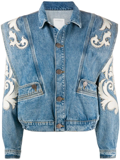 Sandro Denim Jacket With Patches & Rhinestones In Blue