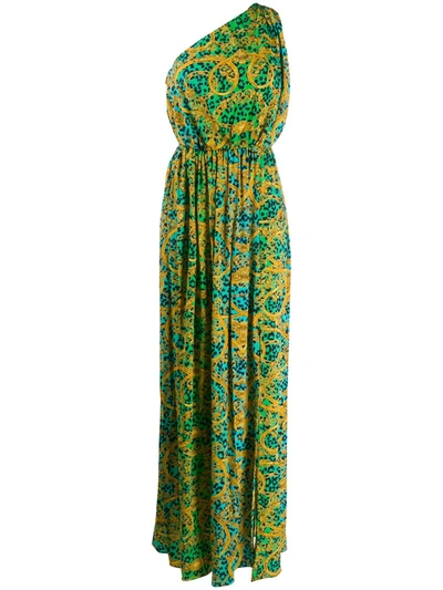 Versace Jeans Couture Baroque Leopard Print Maxi Dress In Gold/green/teal
