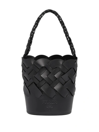 Prada Large Woven Motif Bucket Bag In Black