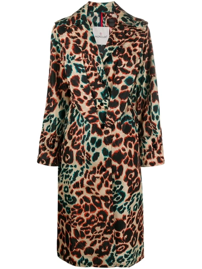 Moncler Multicolored Leopard Print Long Coat In Black