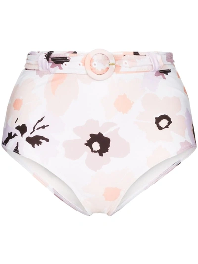 Peony Floral Print High-waist Bikini Bottoms In White