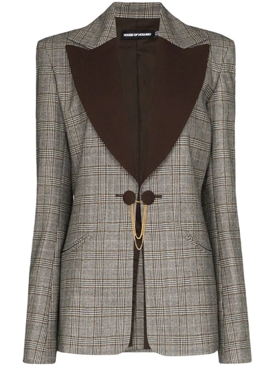 House Of Holland Contrast Lapel Checked Wool Blazer In Brown