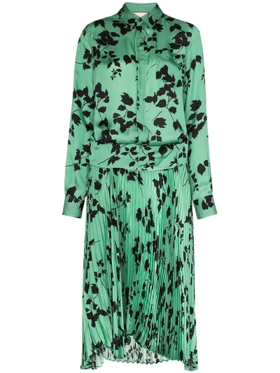 Plan C Leaf Print Midi Shirt Dress In Green