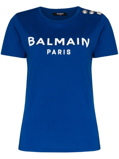 Balmain Blue Logo Print Cotton T-shirt
