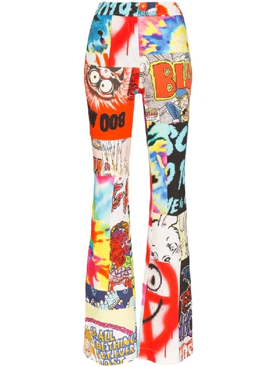 Moschino Cartoon Print Patchwork Flared Trousers In White