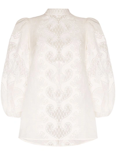 Zimmermann High Neck Balloon Sleeve Lace Top In White