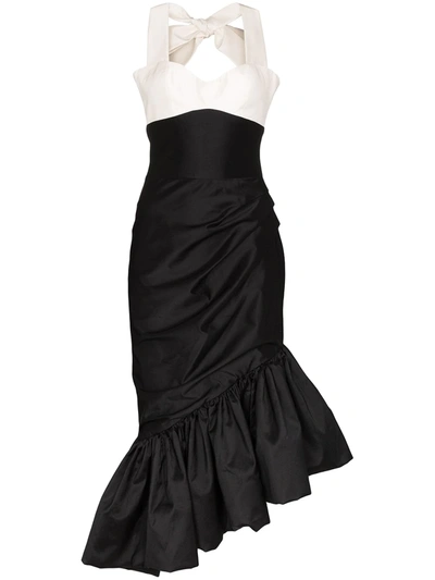 Rasario Two Tone Ruffled Silk Midi Dress In Black