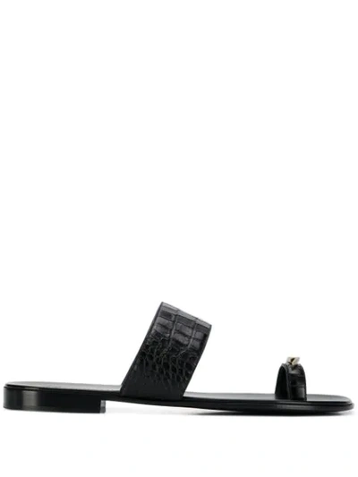Giuseppe Zanotti Lion Croc Embossed Leather Sandals In Black