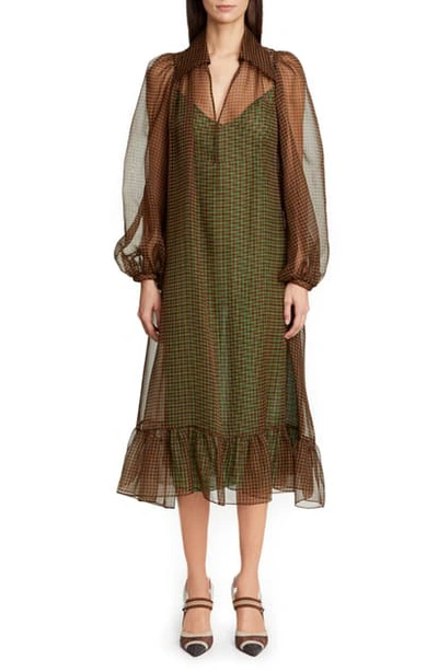 Fendi Long Sleeve Organza Midi Dress In F0zqy Ebony