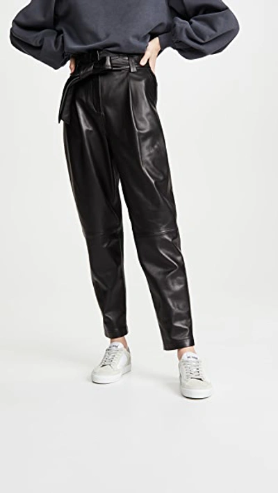 Anine Bing Inez Paperbag Waist Leather Ankle Pants In Black