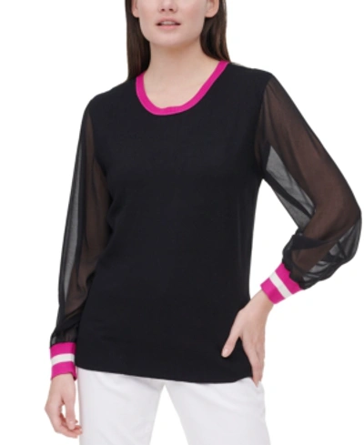 Dkny Mixed Media Sweater In Black/orchid