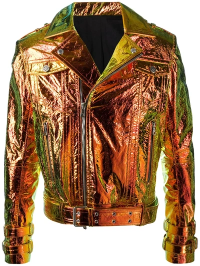 Balmain Metallic Hologram Leather Moto Jacket In Gold
