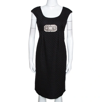 Pre-owned Valentino Black Textured Wool Bejewelled Sheath Dress M