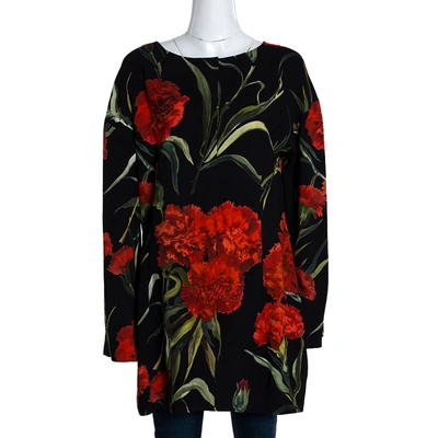 Pre-owned Dolce & Gabbana Black And Red Floral Printed Long Sleeve Tunic M