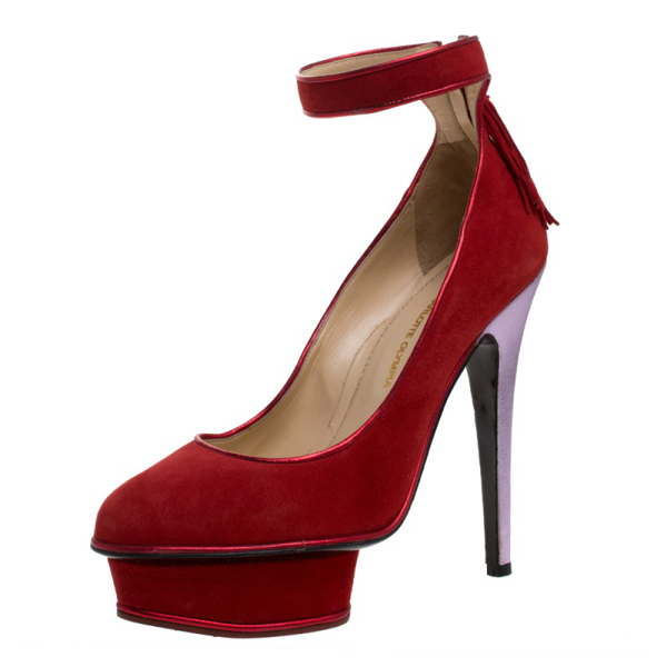 red suede pumps with ankle strap