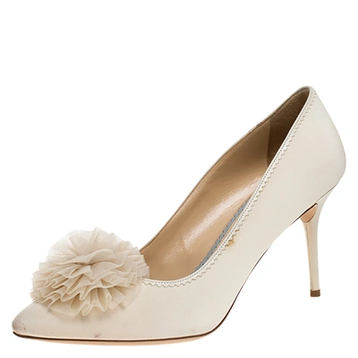 Pre-owned Charlotte Olympia Cream Canvas Desiree Pom Pom Pumps Size 41