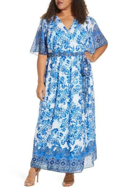 Maree Pour Toi Floral Print Wrap Maxi Dress In Blue/white