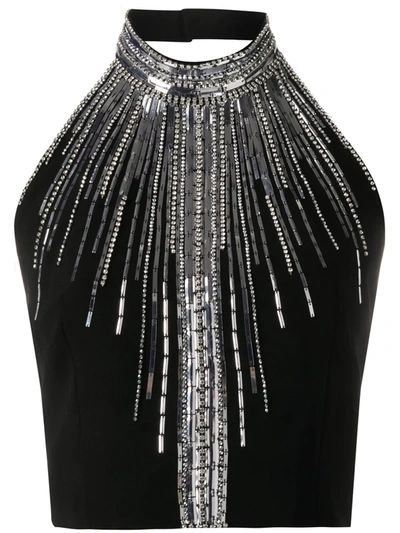 Balmain Cropped Sequin-embroidered Halterneck Top In Black,silver
