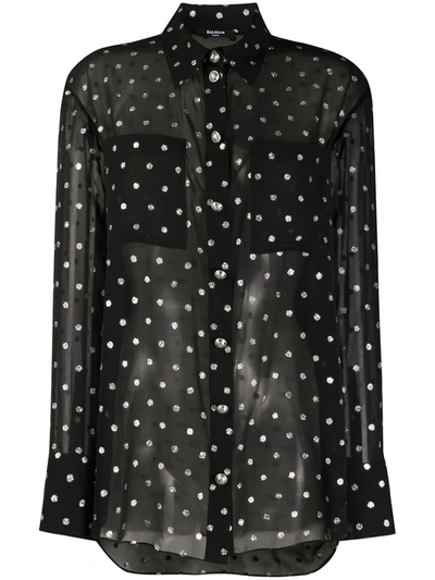 Balmain Blason-button Glitter Polka-dot Georgette Shirt In Black