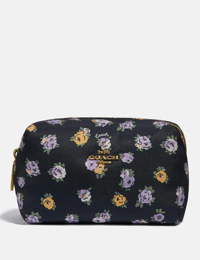 Coach Small Boxy Cosmetic Case With Vintage Rose Print In Brass/midnight Navy Multi