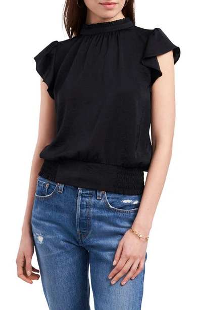 1.state Flutter-sleeve Mock-neck Top In Rich Black