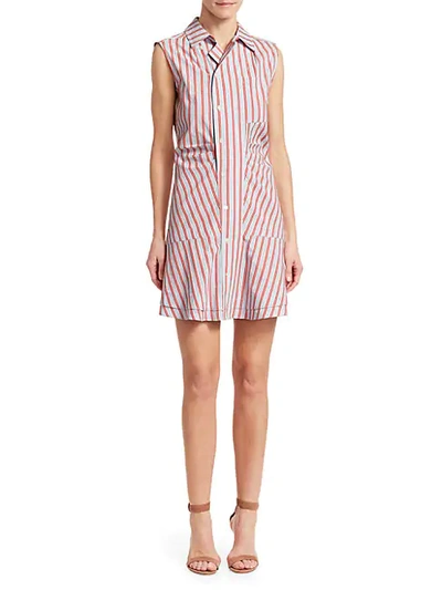 Derek Lam Ruched Sleeveless Poplin Mini Dress In Poppy Stripe