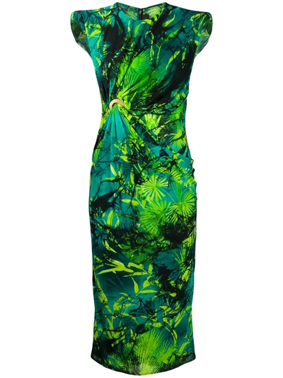 Versace Jungle Print Ruched Sleeveless Dress In Green