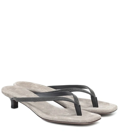 Brunello Cucinelli Embellished Leather Thong Sandals In Grey