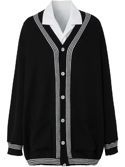 Burberry Wool Cardigan Detail Cotton Shirt In Black