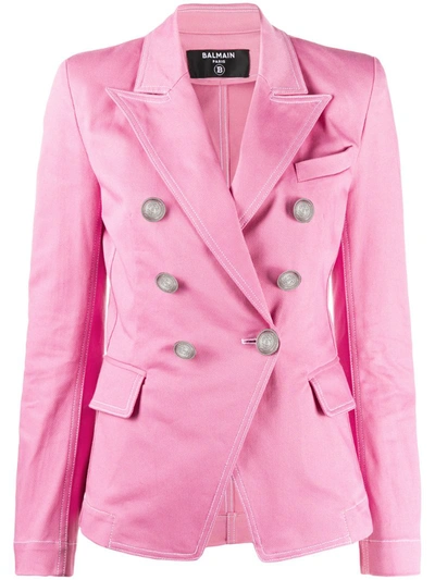 Balmain Double Breasted Cotton Pique Jacket In Rose