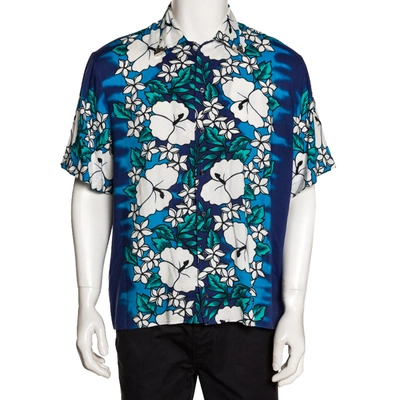 Pre-owned Dsquared2 Blue Poplin Hawaiian Print Metal Collar Detail Shirt L