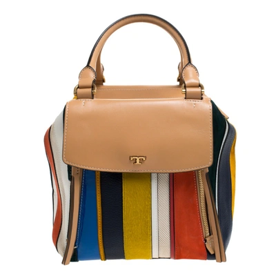 Pre-owned Tory Burch Multicolor Leather/suede/calfhair And Canvas Balloon Stripe Half Moon Satchel