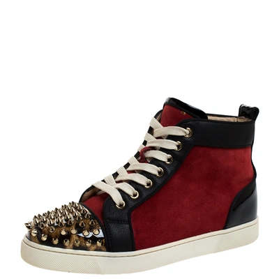 Pre-owned Christian Louboutin Black/red Leather And Suede Louis Spike High Top Sneakers Size 37