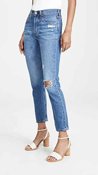 Levi's 501 High Rise Skinny Jeans With Rip In Mid Wash Blue