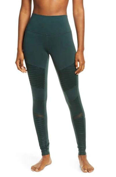 Alo Yoga High-waist Moto Sport Leggings With Mesh Panels In Forest/ Forest Glossy
