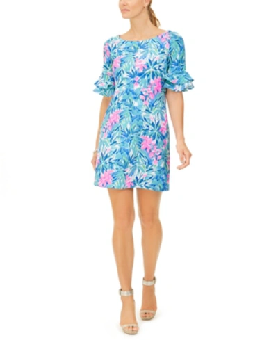 Pappagallo Erika Ruffled Floral-print Shift Dress In Ocean Blue