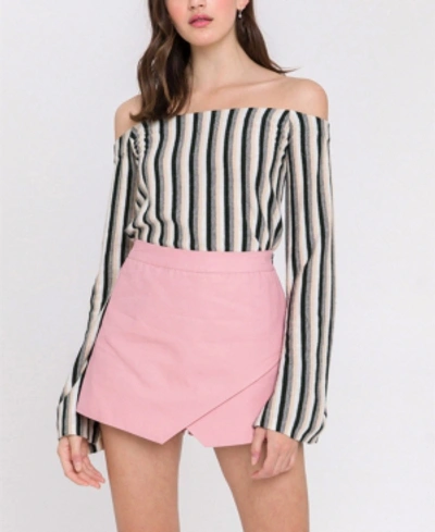 Endless Rose Stripe Off The Shoulder Knit Top In Gray