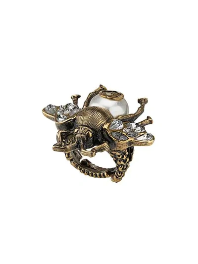 Gucci Metallic Pearl And Crystal Embellished Bug Ring - Gold
