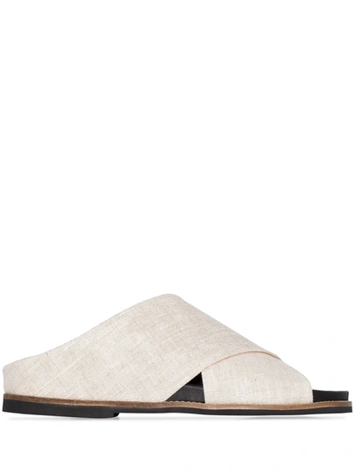 Ganni Crossover-strap Linen Slides In Beige