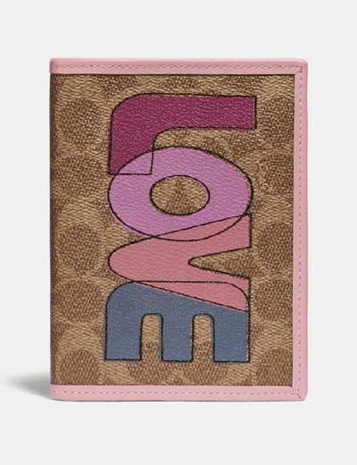 Coach Passport Case In Signature Canvas With Love Print In Pink In Brass/tan Pink Multi