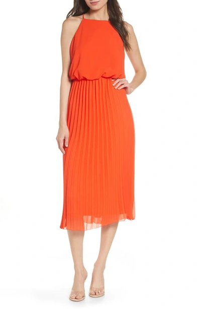 Sam Edelman Pleat Skirt Chiffon Midi Dress In Coral Punch