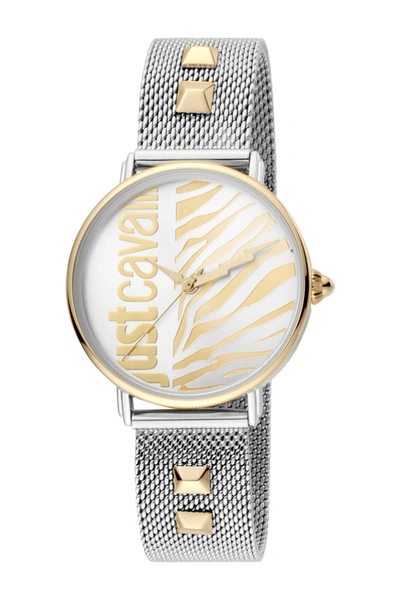 Just Cavalli Animal Two-tone Stainless Steel Mesh-strap Zebra-stripe Watch In Silver/gold Studs