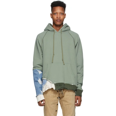 Greg Lauren Fragment Distressed Panelled Cotton-jersey And Denim Hoodie In Army