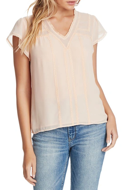 1.state Short Sleeve V-neck Lace Trim Blouse In Parisian Creme